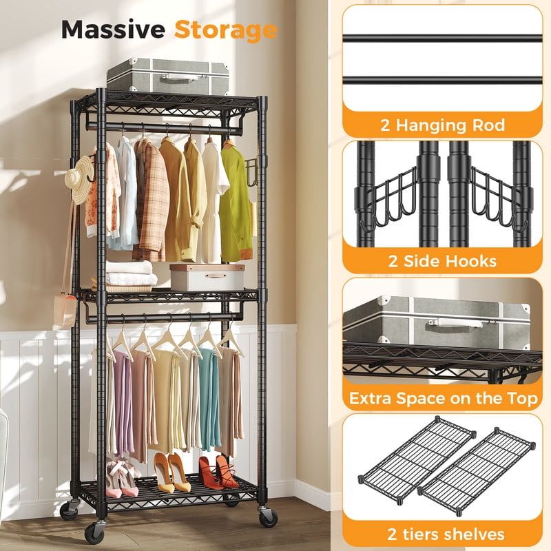 Rolling Clothes Rack with Adjustable Shelves and Side Hooks