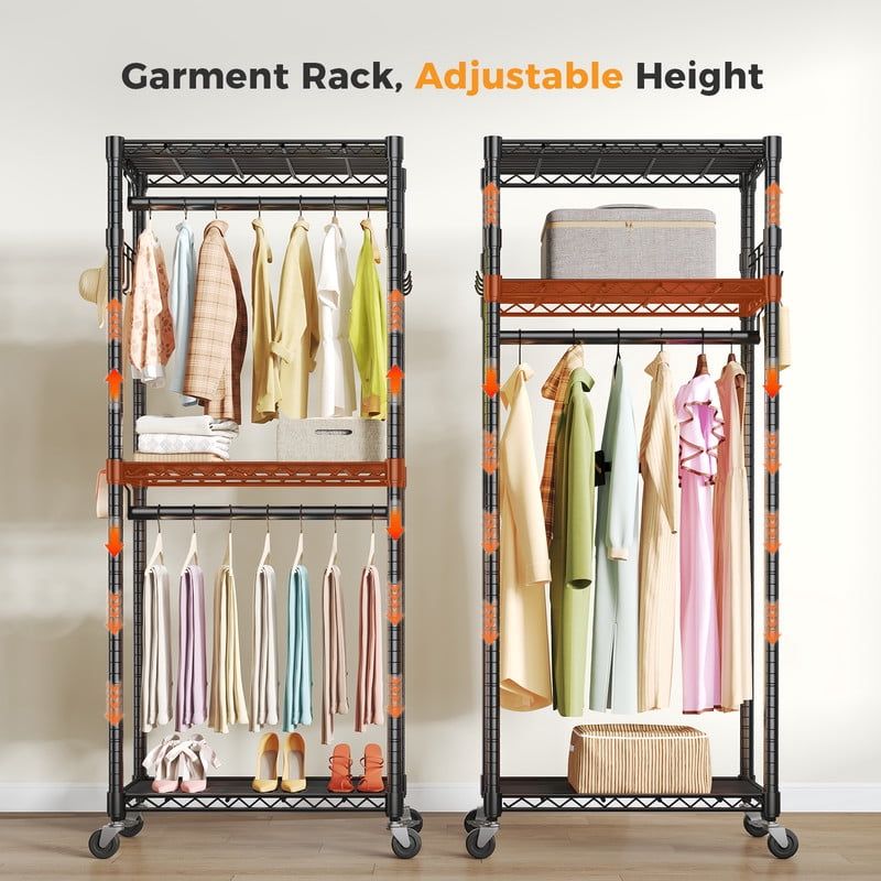 Rolling Clothes Rack with Adjustable Shelves and Side Hooks