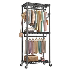 Rolling Clothes Rack with Adjustable Shelves and Side Hooks