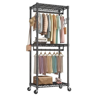 Rolling Clothes Rack with Adjustable Shelves and Side Hooks