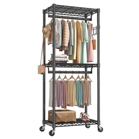 Rolling Clothes Rack with Adjustable Shelves and Side Hooks