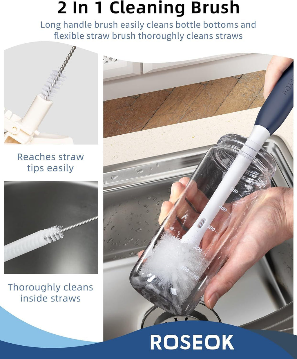 2in1 Bottle Scrubbing Brush with Straw Brush has Long and Comfortable Handle, Cleaning Glass, Sports