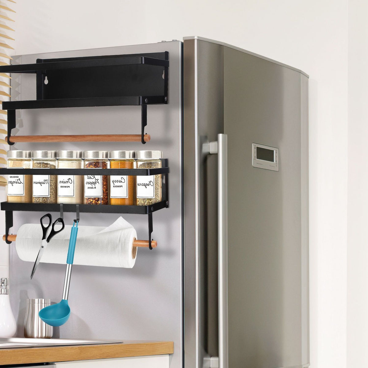 Foldable Magnetic Spice Rack Set with Roller and Hooks