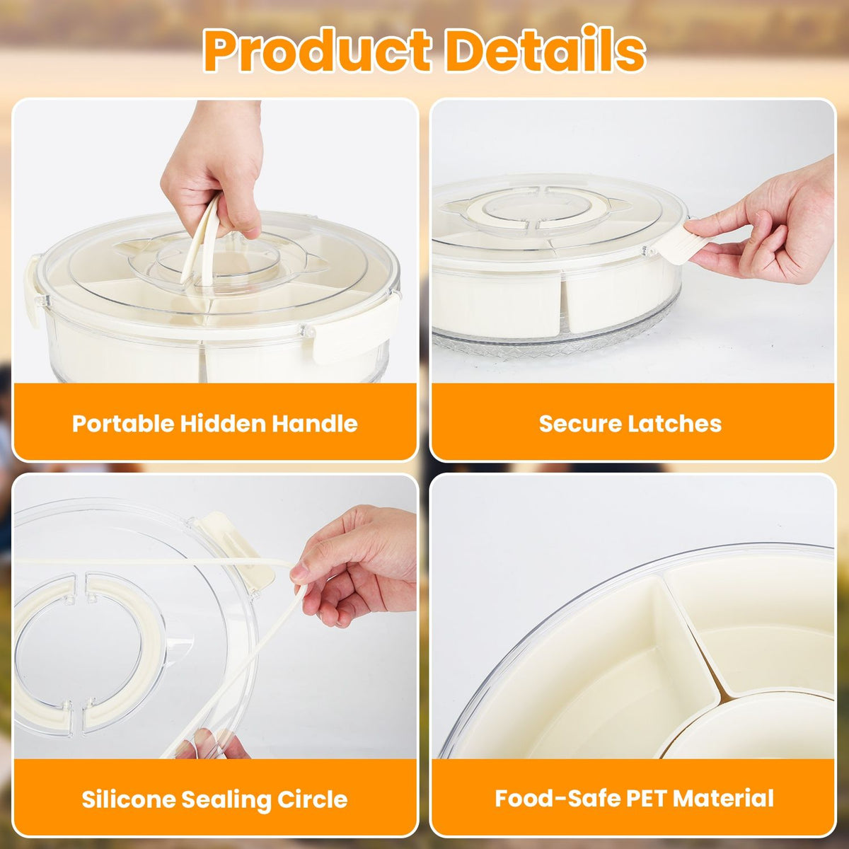 Rotating Divided Snack Tray with Lid and Handle