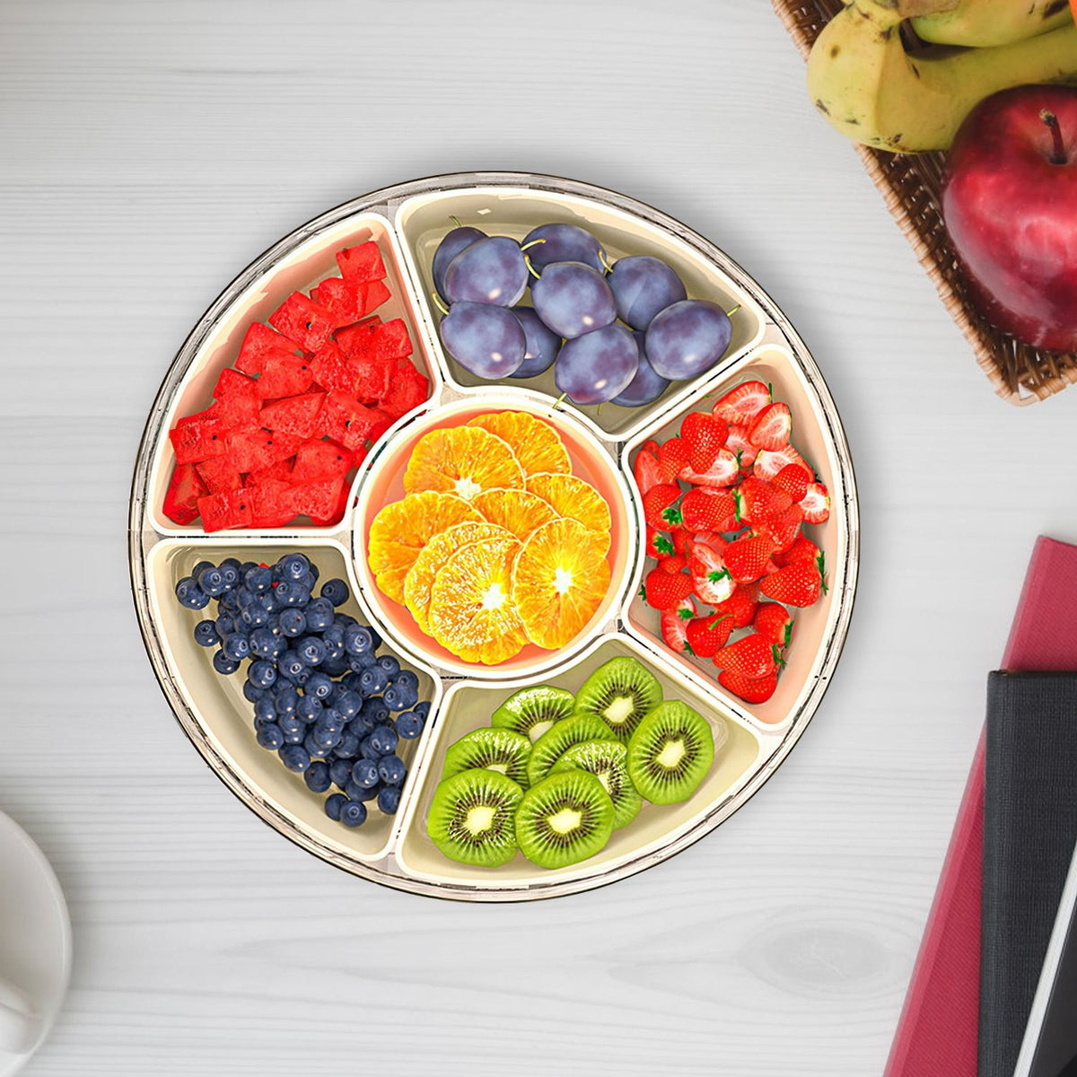 Rotating Divided Snack Tray with Lid and Handle