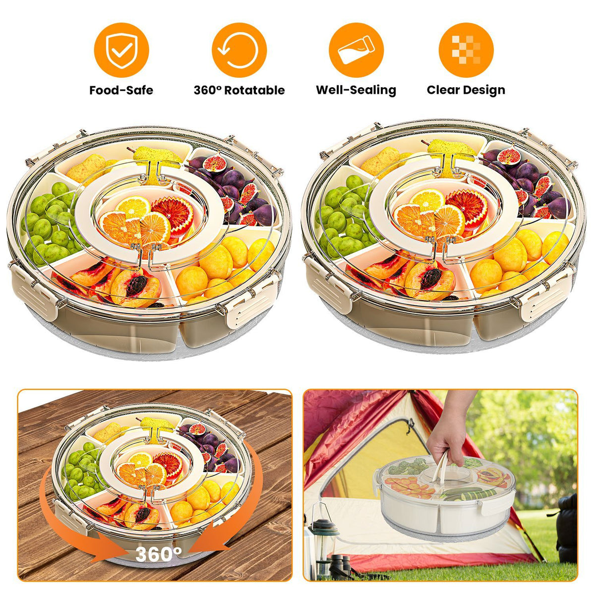 Rotating Divided Snack Tray with Lid and Handle
