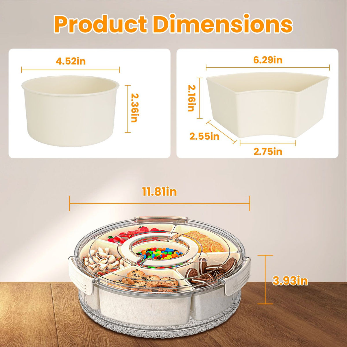 Rotating Divided Snack Tray with Lid and Handle