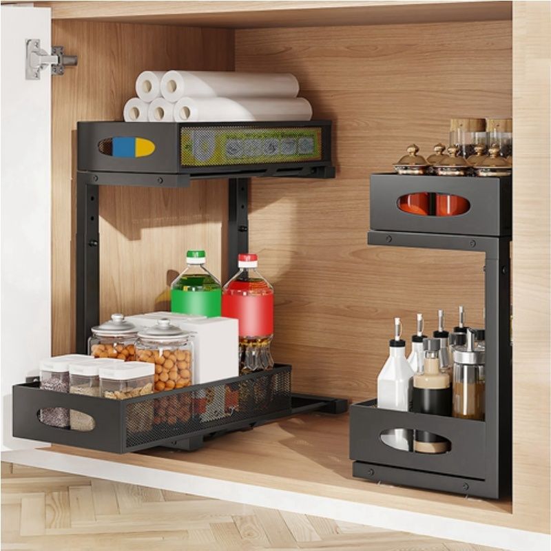 2-Tier Sliding Cabinet Organizer with Adjustable Height Baskets