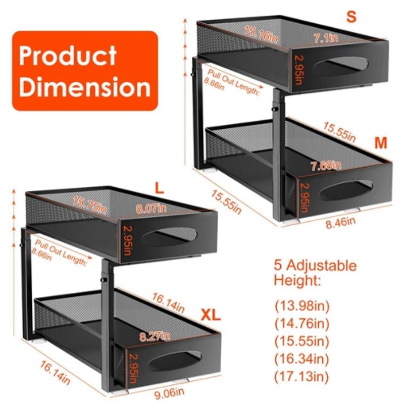 2-Tier Sliding Cabinet Organizer with Adjustable Height Baskets