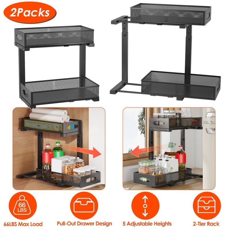 2-Tier Sliding Cabinet Organizer with Adjustable Height Baskets