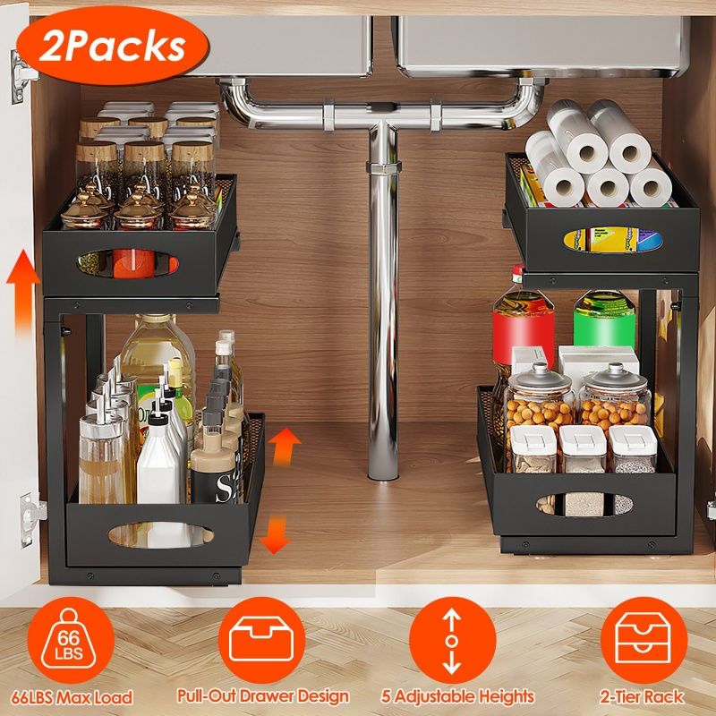 2-Tier Sliding Cabinet Organizer with Adjustable Height Baskets