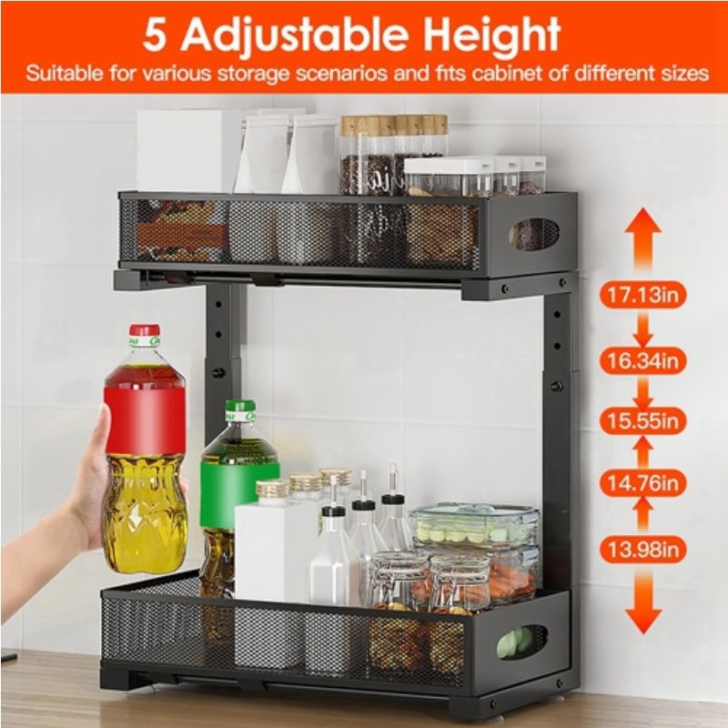 2-Tier Sliding Cabinet Organizer with Adjustable Height Baskets