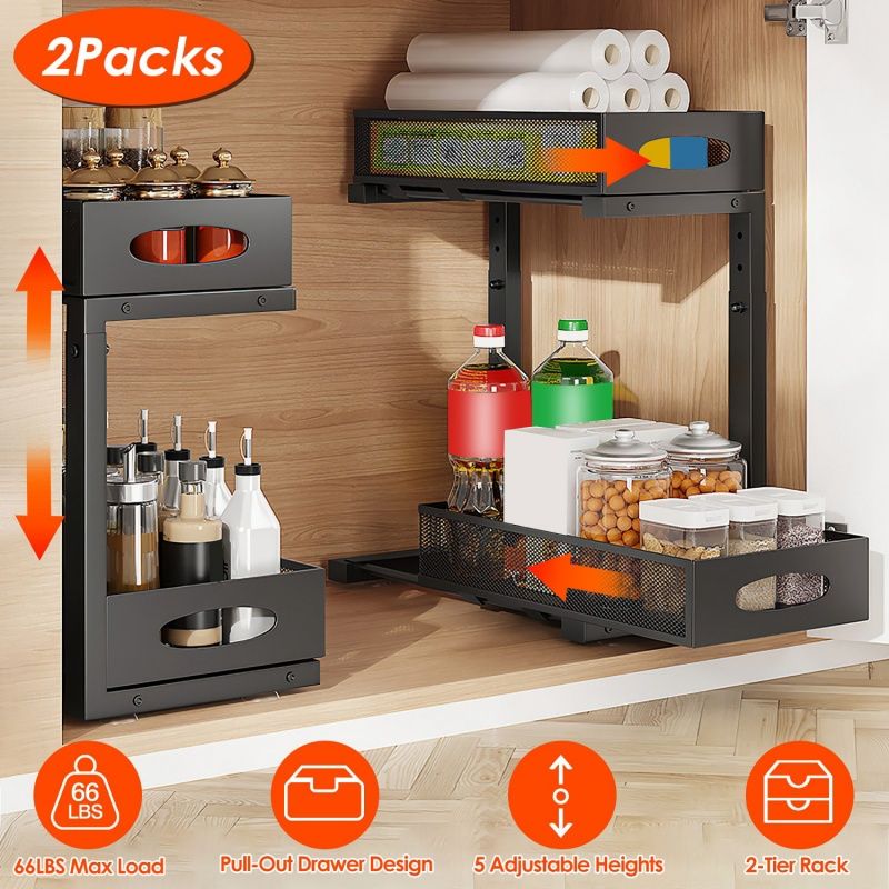 2-Tier Sliding Cabinet Organizer with Adjustable Height Baskets