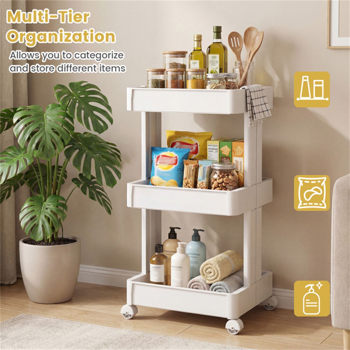 3-Tier DIY Rolling Utility Cart for Kitchen & Bathroom