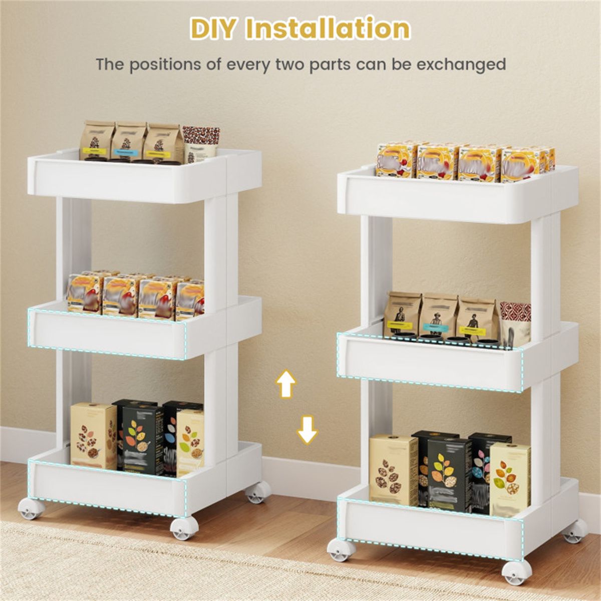 3-Tier DIY Rolling Utility Cart for Kitchen & Bathroom