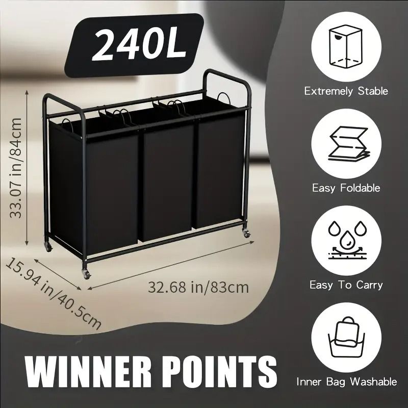 63.4-Gallon 3-Bag Rolling Laundry Sorter with Lockable Wheels