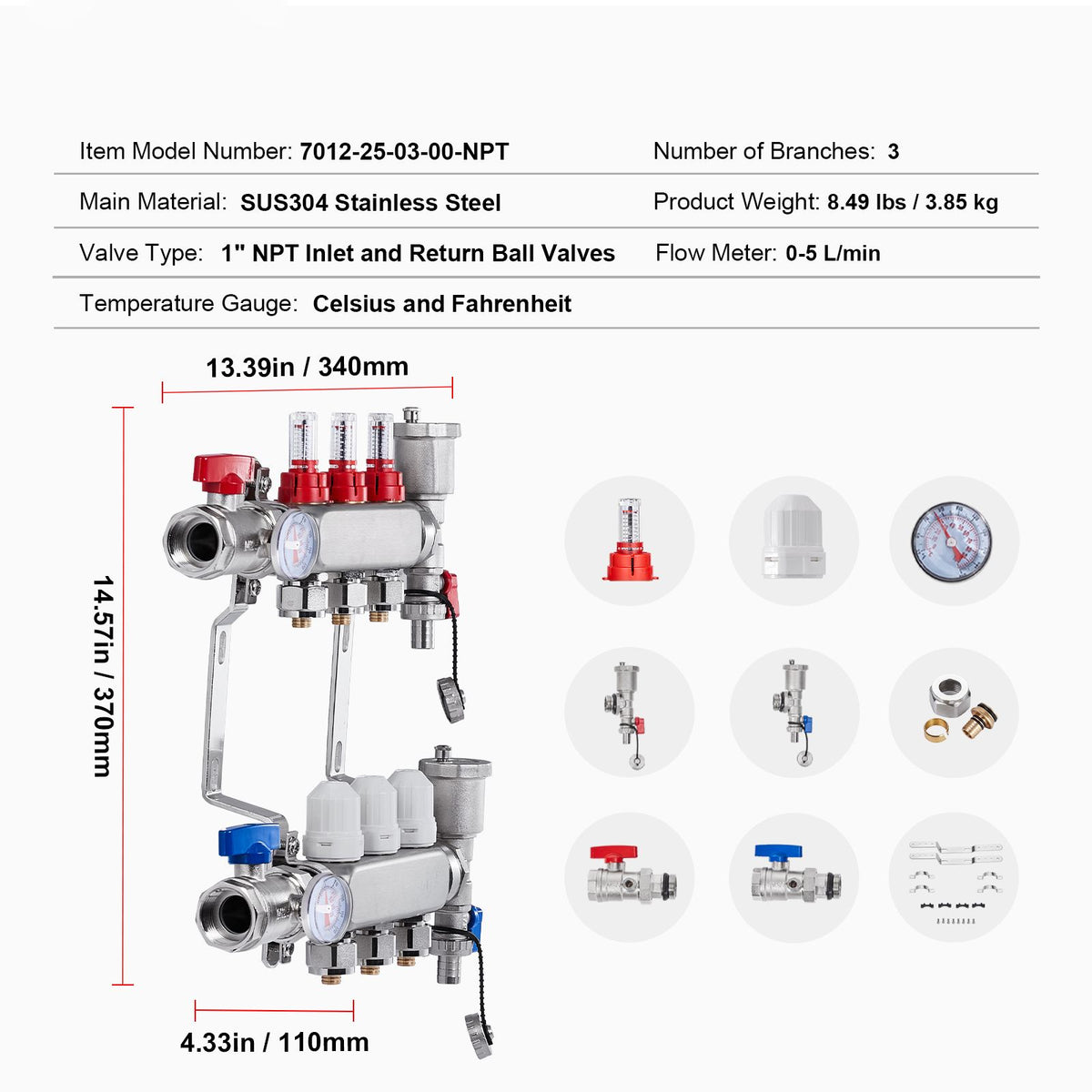 3-Branch Radiant Heat Manifold for Hydronic Floor Heating
