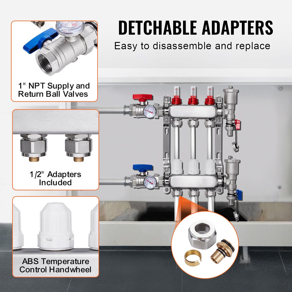 3-Branch Radiant Heat Manifold for Hydronic Floor Heating