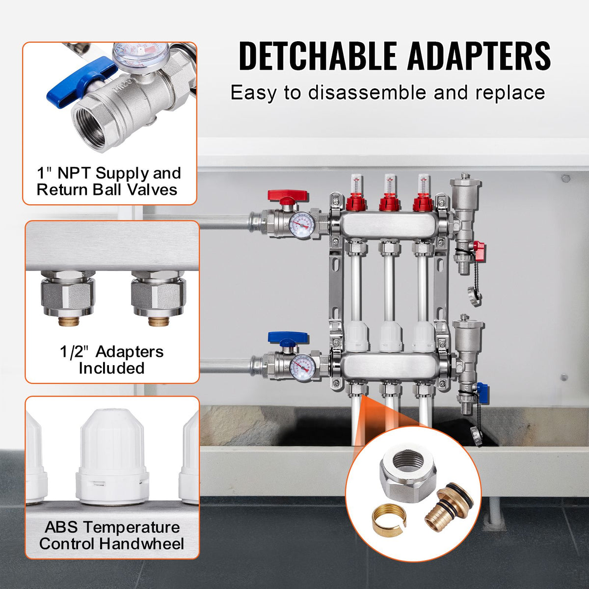 3-Branch Radiant Heat Manifold for Hydronic Floor Heating