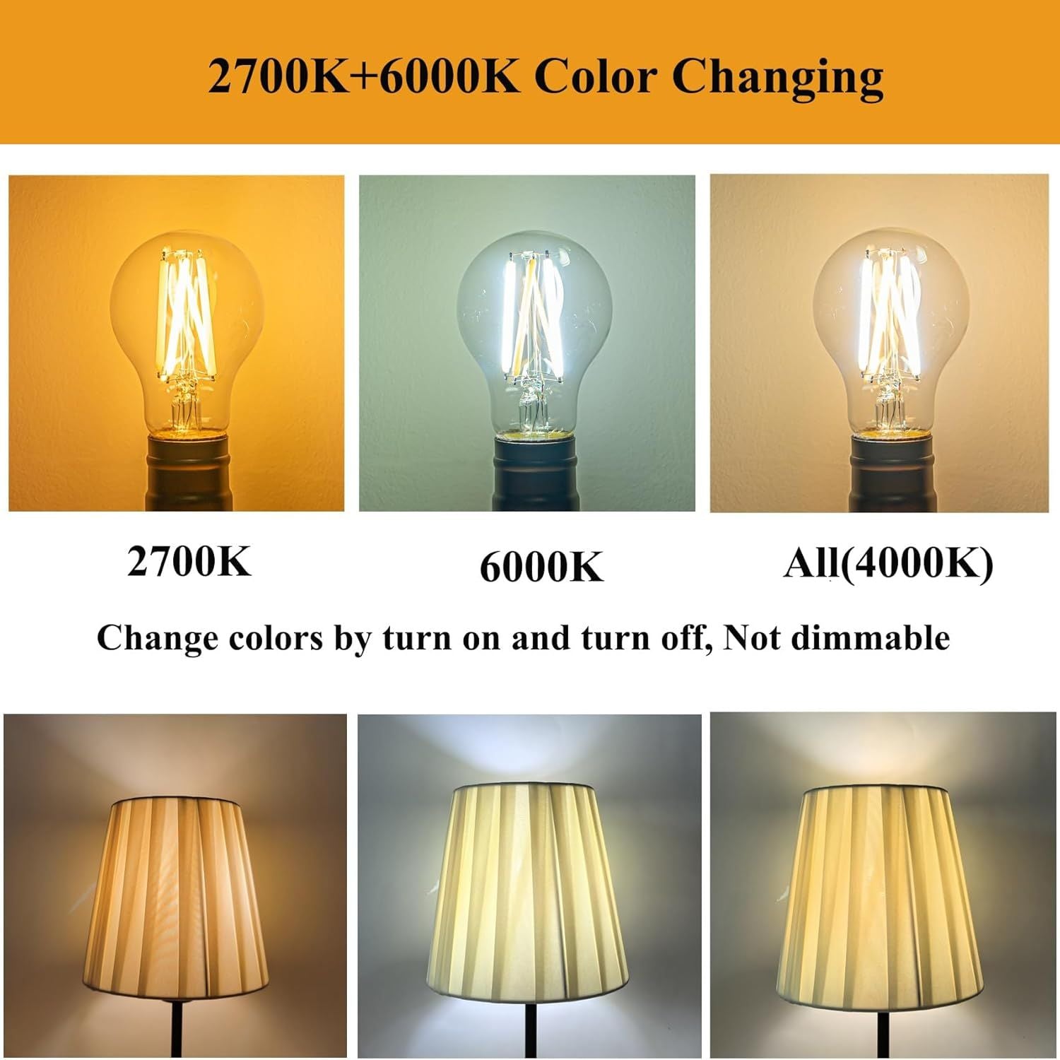 3-Color Temp LED Bulb E26 60W Equivalent 2700K-6000K A19 6W Clear Glass 2-Pack