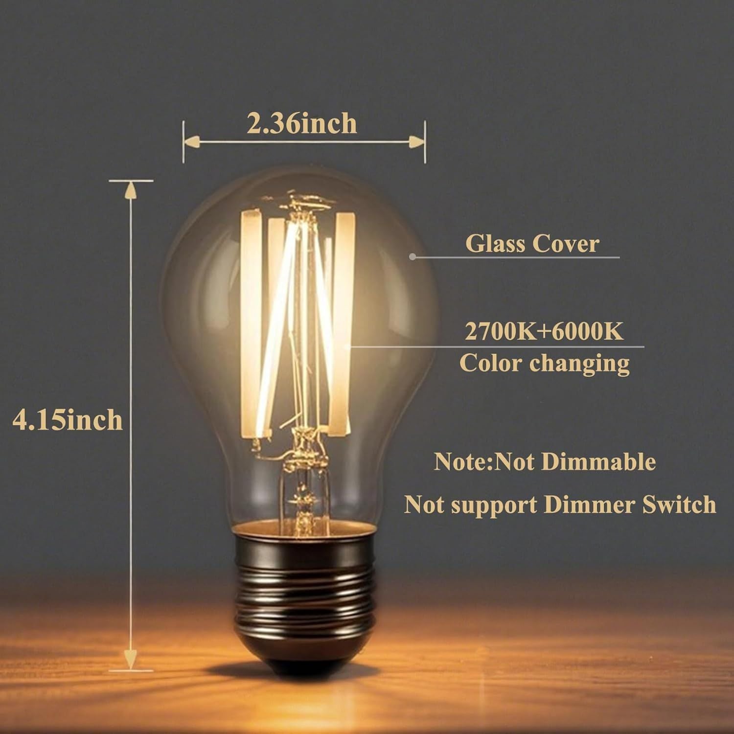 3-Color Temp LED Bulb E26 60W Equivalent 2700K-6000K A19 6W Clear Glass 2-Pack