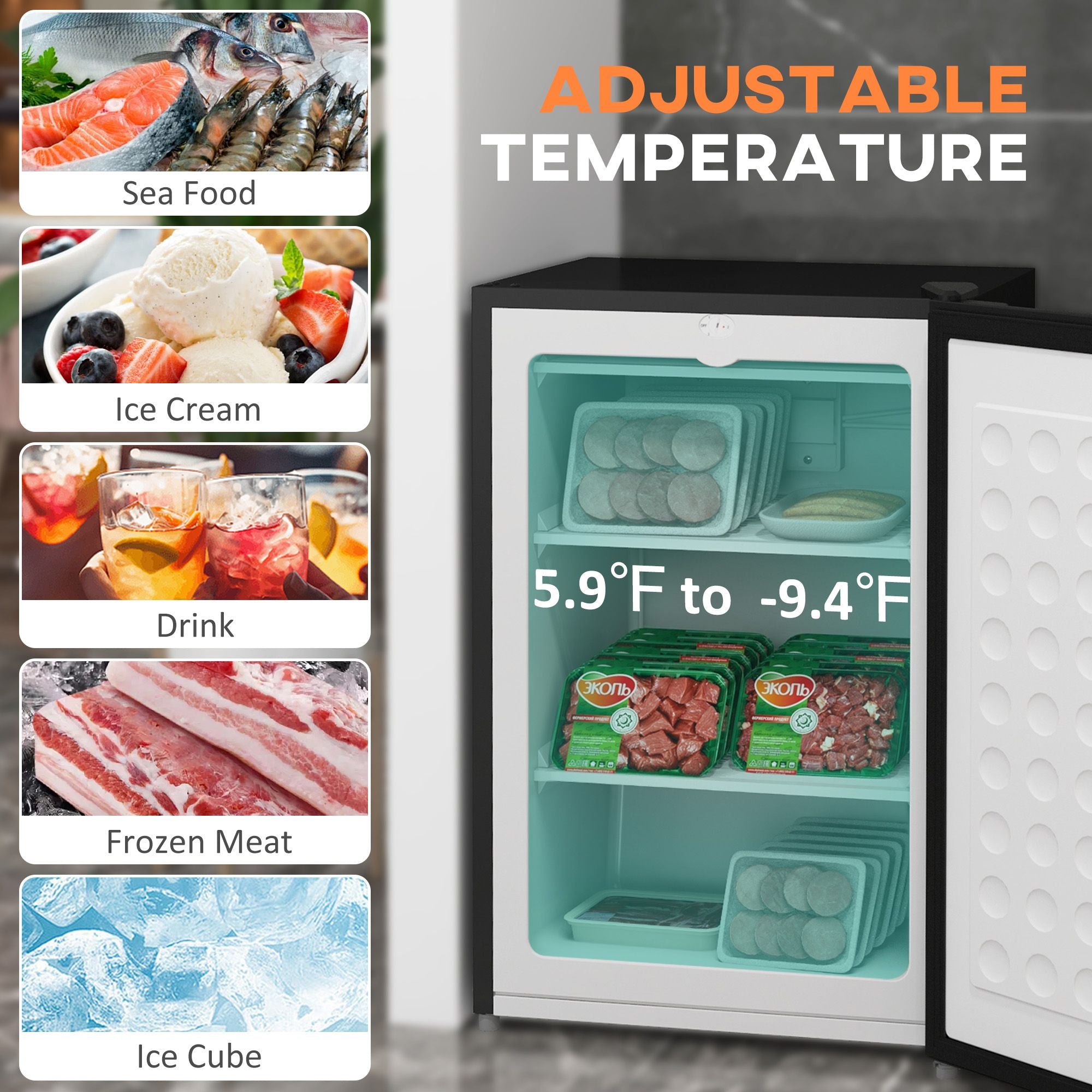 Compact Upright Freezer with Adjustable Thermostat and Reversible Door