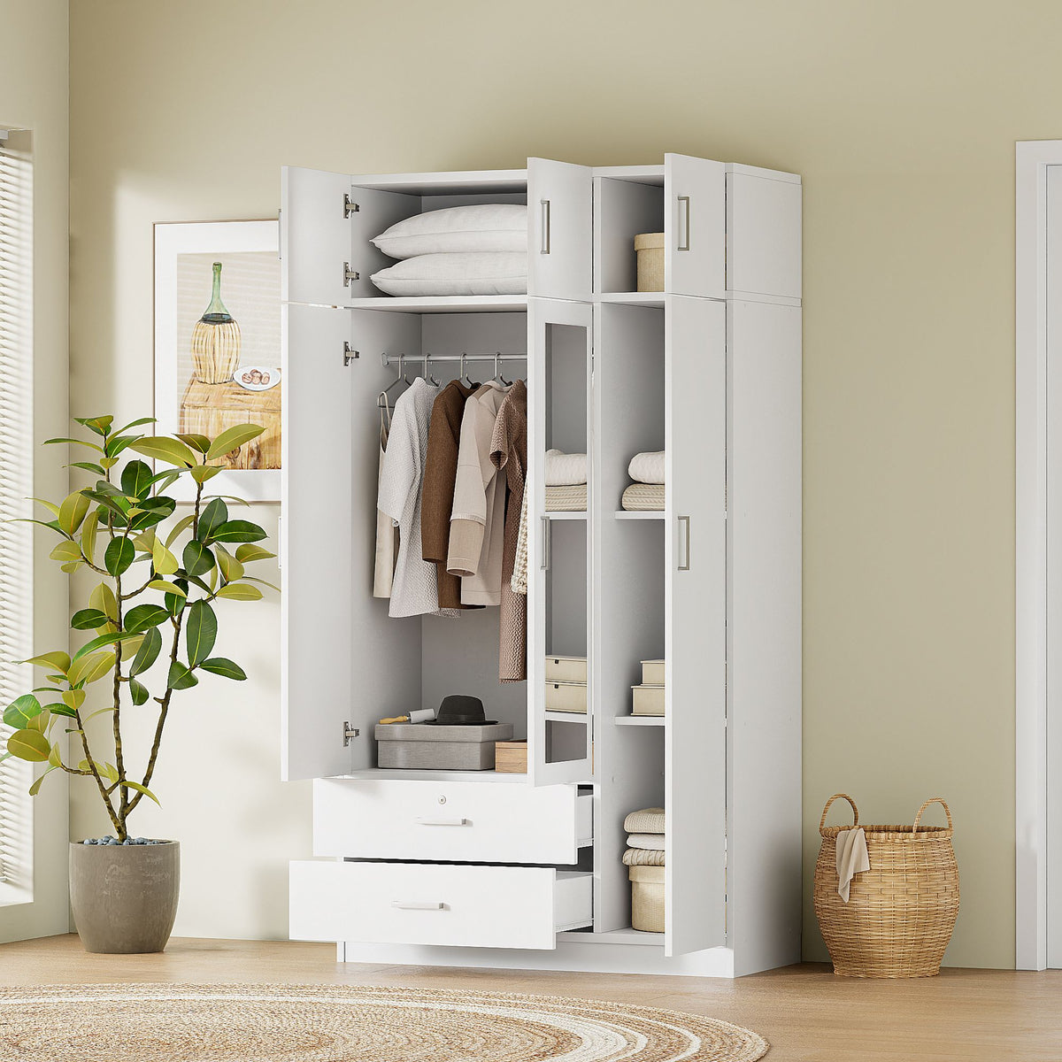Modern Three-Door Mirrored Wardrobe with Top Cabinet