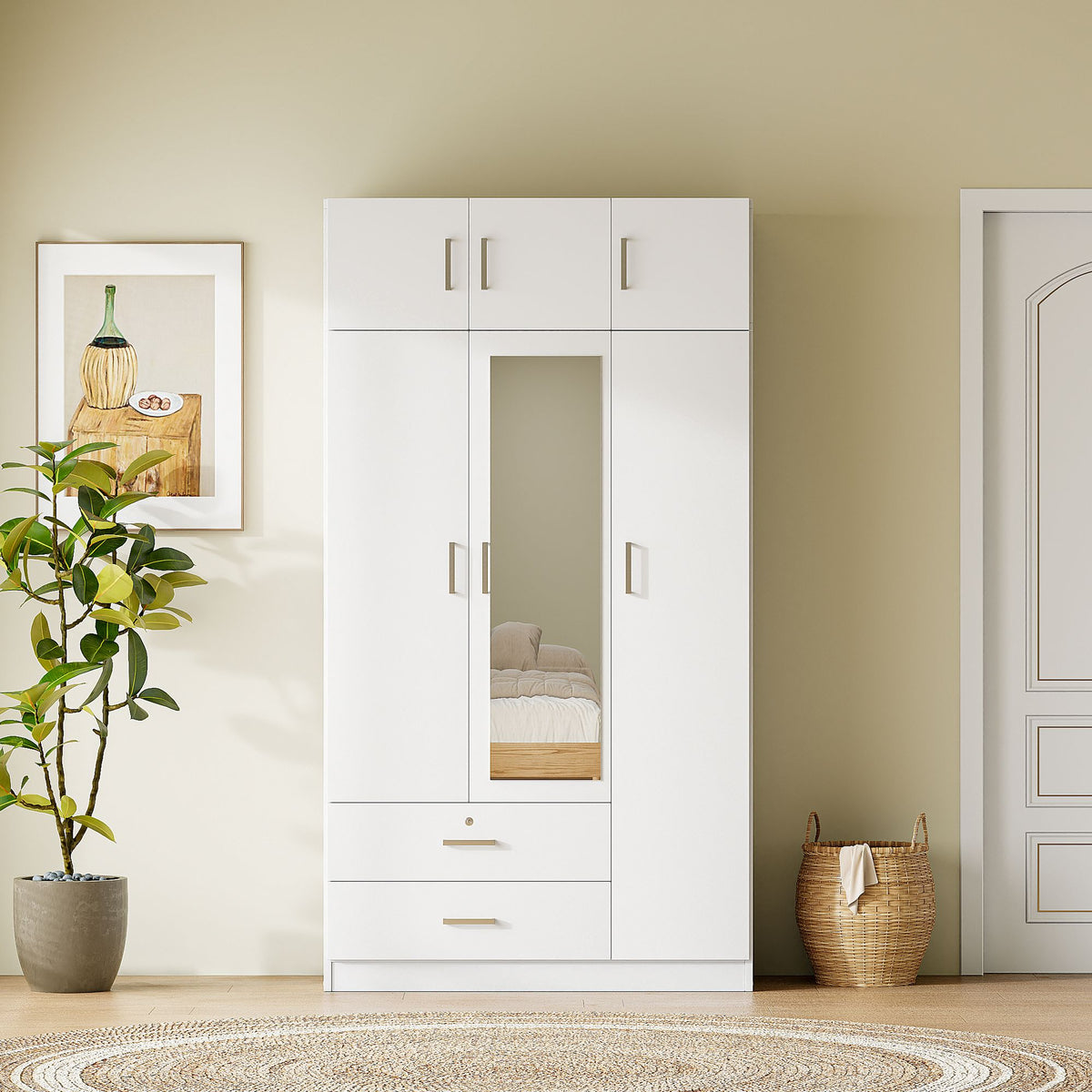 Modern Three-Door Mirrored Wardrobe with Top Cabinet