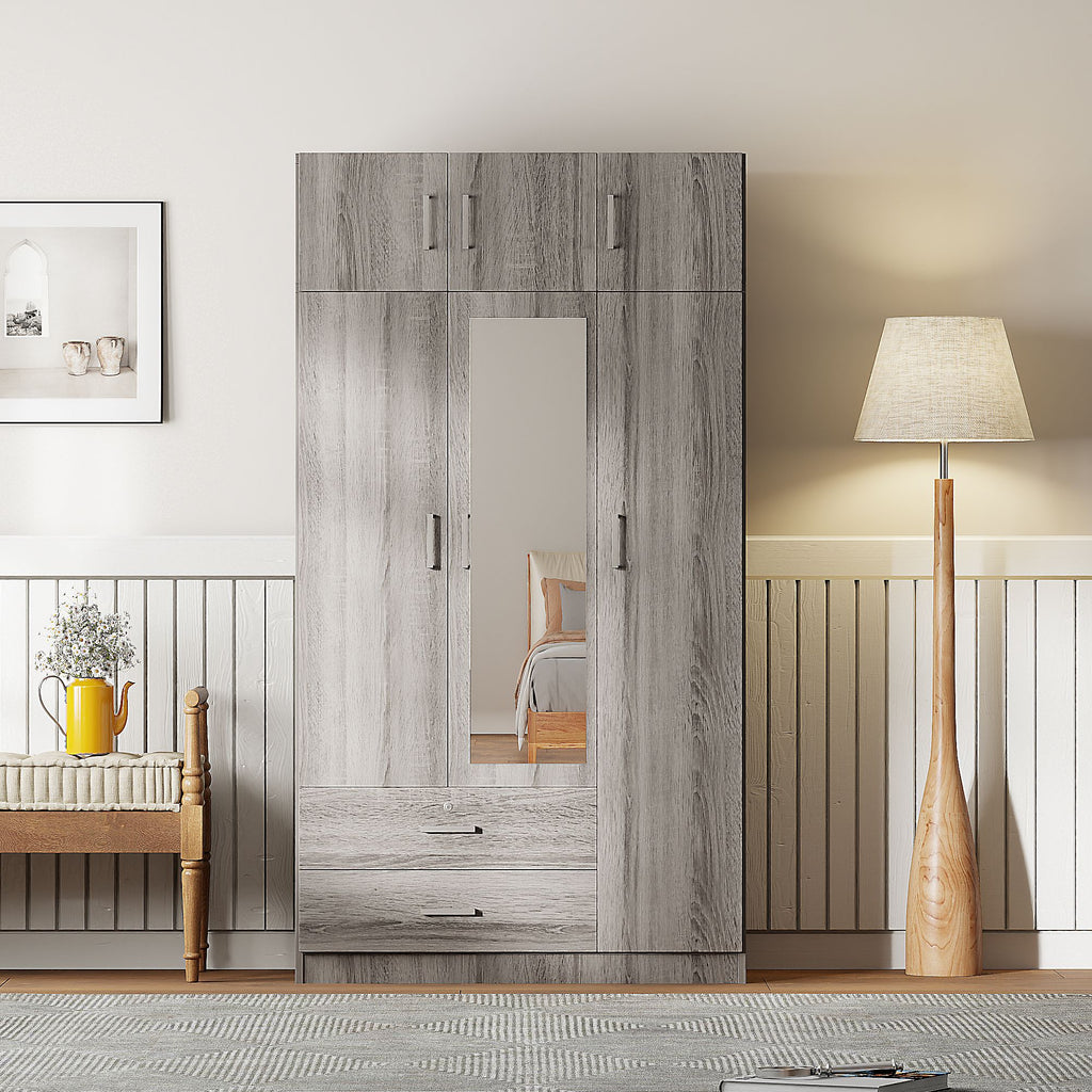 Modern Three-Door Mirrored Wardrobe with Top Cabinet
