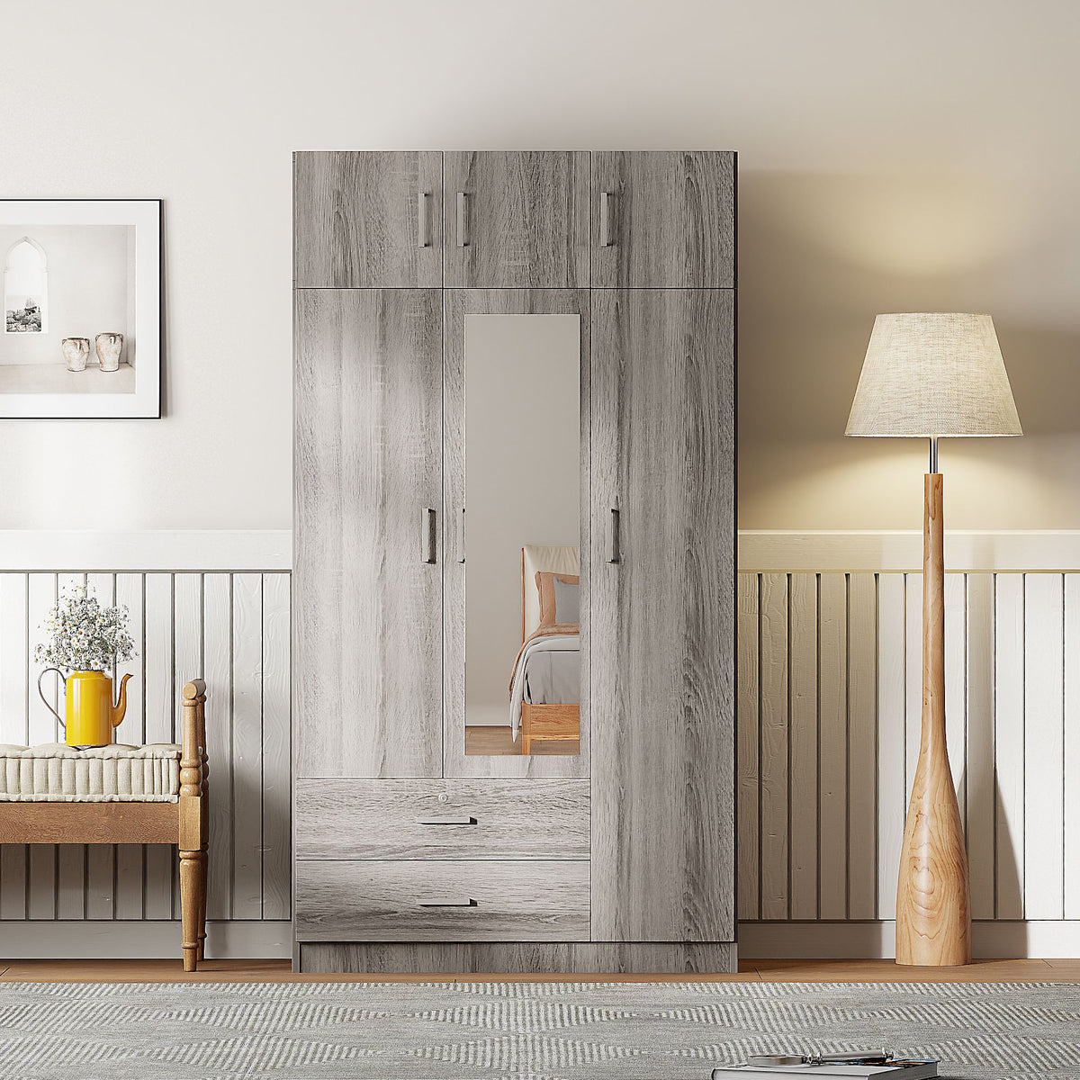 Modern Three-Door Mirrored Wardrobe with Top Cabinet