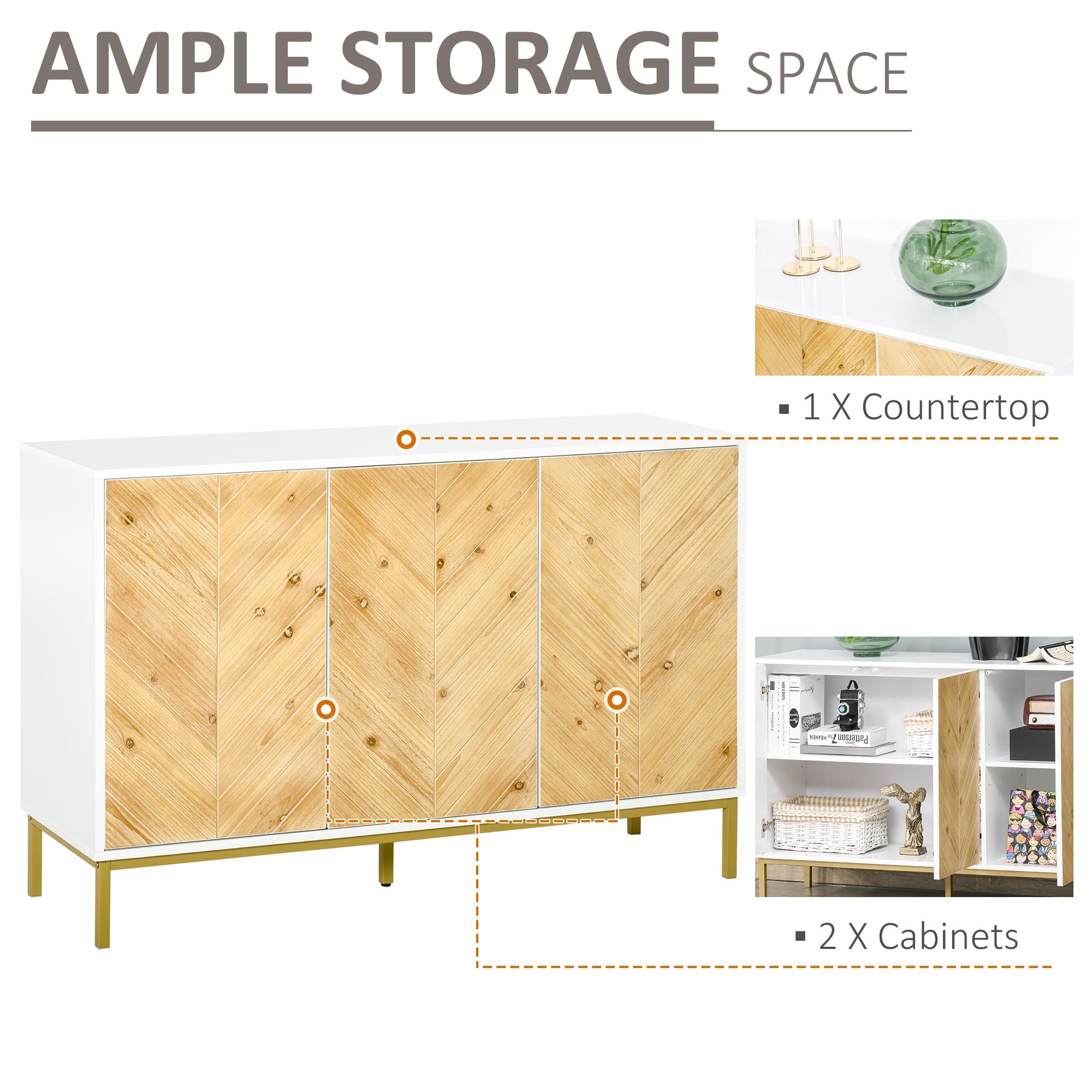 Compact Sideboard Buffet Cabinet with Chevron Pattern and Golden Legs