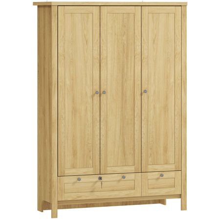 3 Doors Wardrobe Closet with 2 Drawers, Bedroom Armoire with Lockable Drawer, Hanging Rod