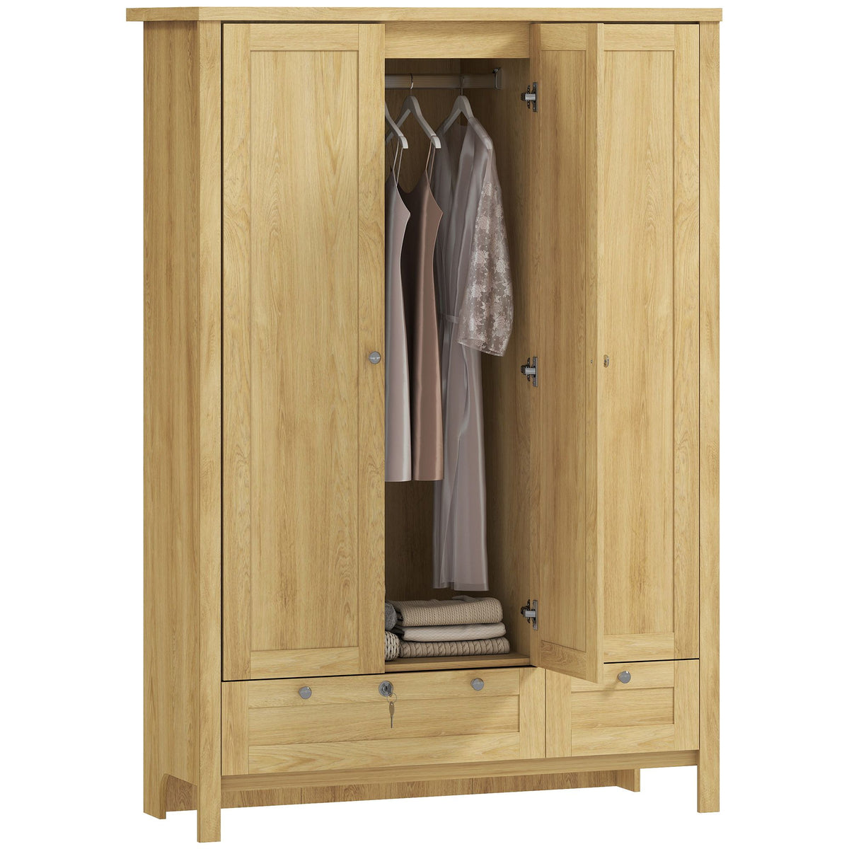 3 Doors Wardrobe Closet with 2 Drawers, Bedroom Armoire with Lockable Drawer, Hanging Rod