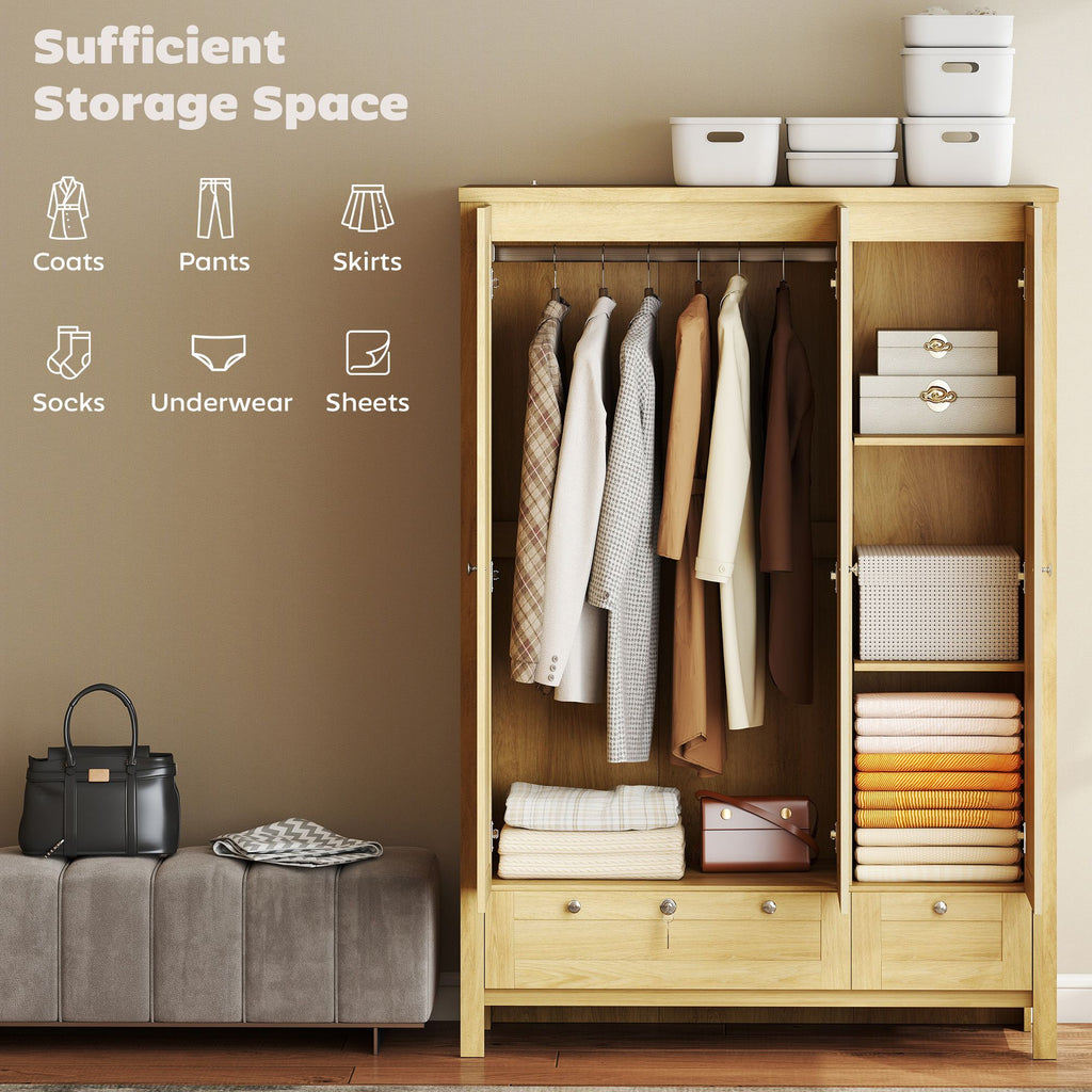 3 Doors Wardrobe Closet with 2 Drawers, Bedroom Armoire with Lockable Drawer, Hanging Rod