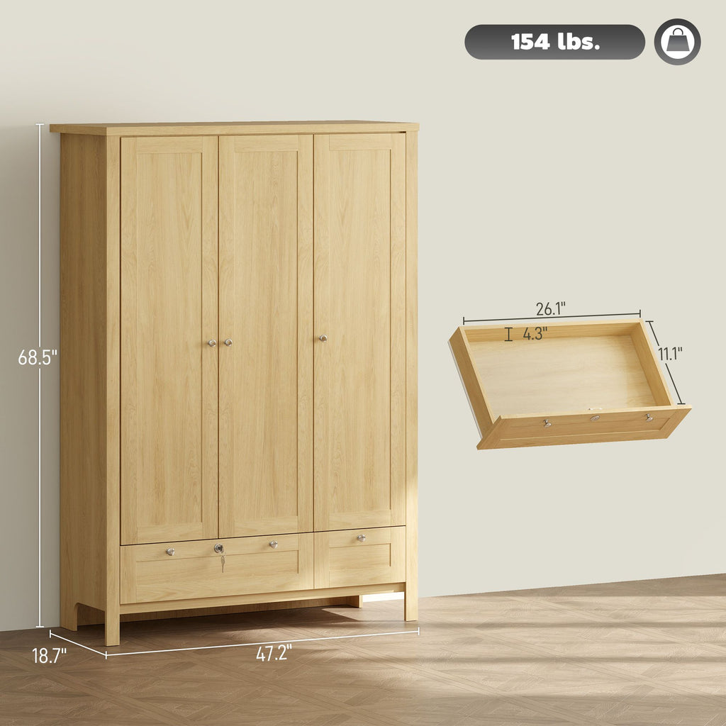 3 Doors Wardrobe Closet with 2 Drawers, Bedroom Armoire with Lockable Drawer, Hanging Rod