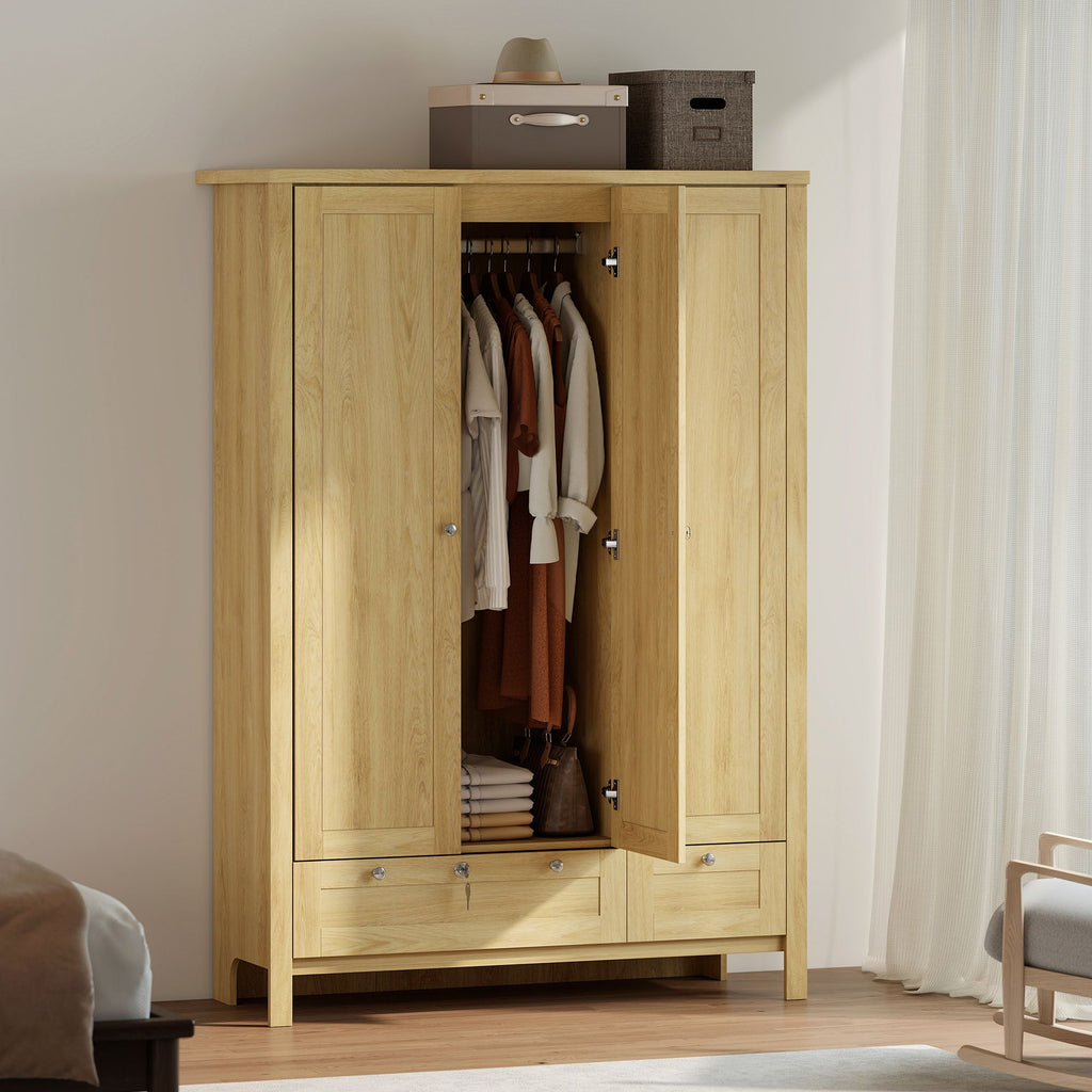 3 Doors Wardrobe Closet with 2 Drawers, Bedroom Armoire with Lockable Drawer, Hanging Rod