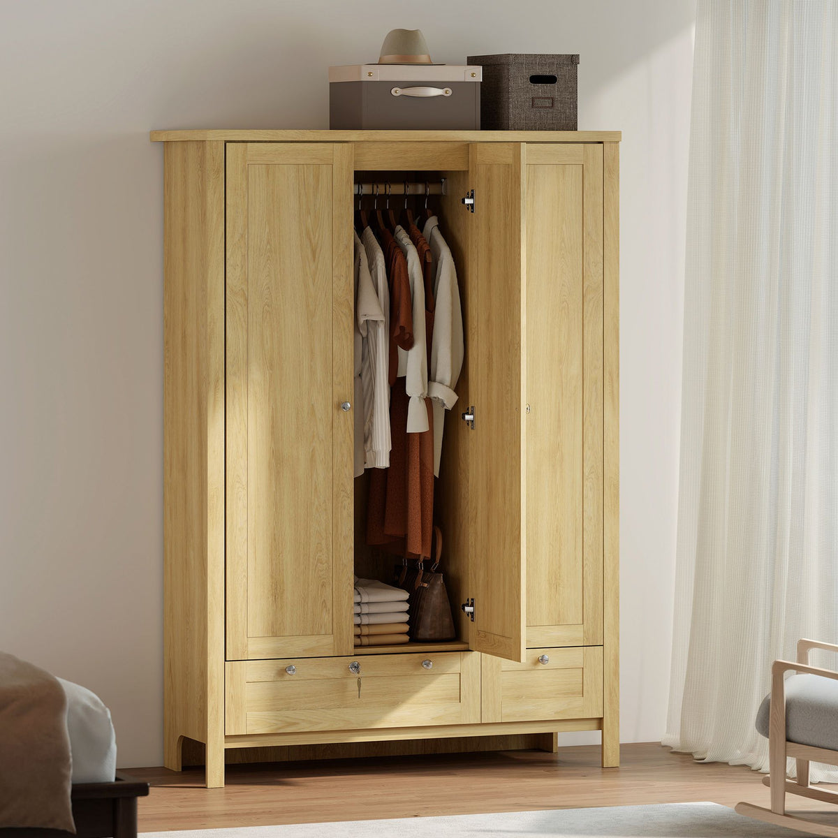 3 Doors Wardrobe Closet with 2 Drawers, Bedroom Armoire with Lockable Drawer, Hanging Rod