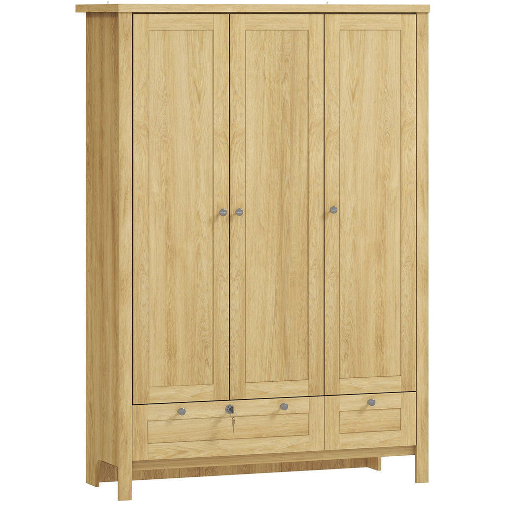3 Doors Wardrobe Closet with 2 Drawers, Bedroom Armoire with Lockable Drawer, Hanging Rod