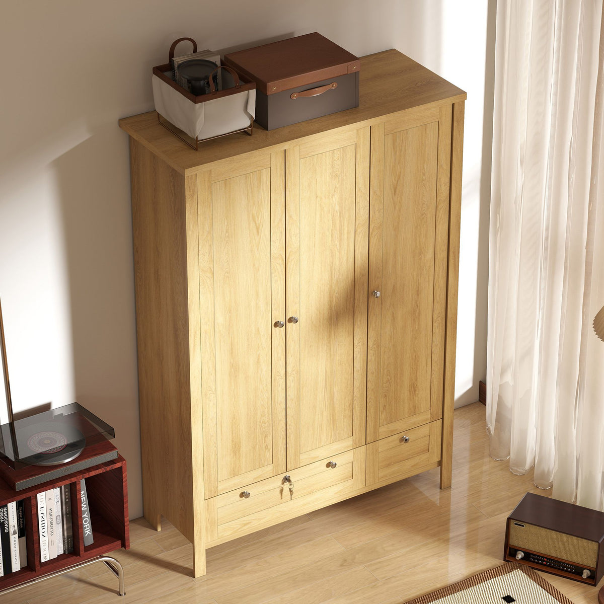 3 Doors Wardrobe Closet with 2 Drawers, Bedroom Armoire with Lockable Drawer, Hanging Rod