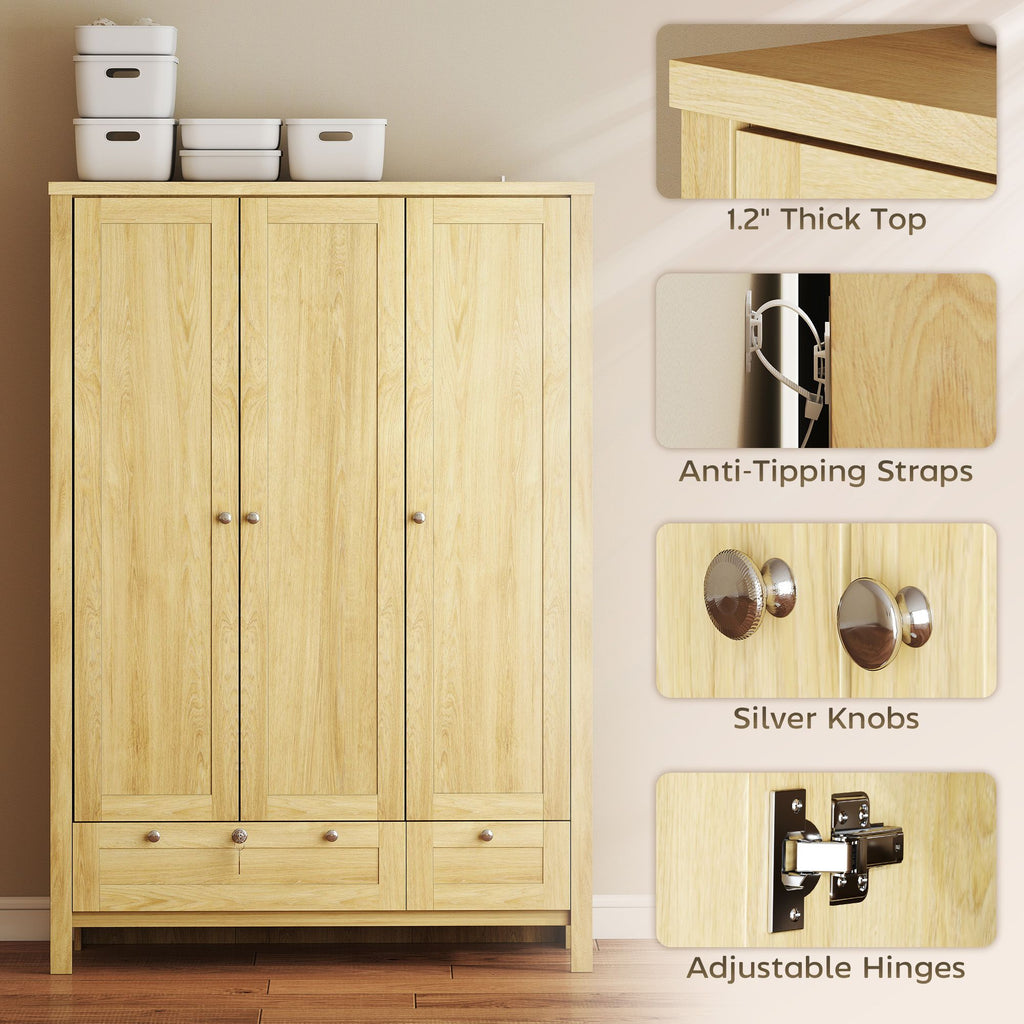 3 Doors Wardrobe Closet with 2 Drawers, Bedroom Armoire with Lockable Drawer, Hanging Rod