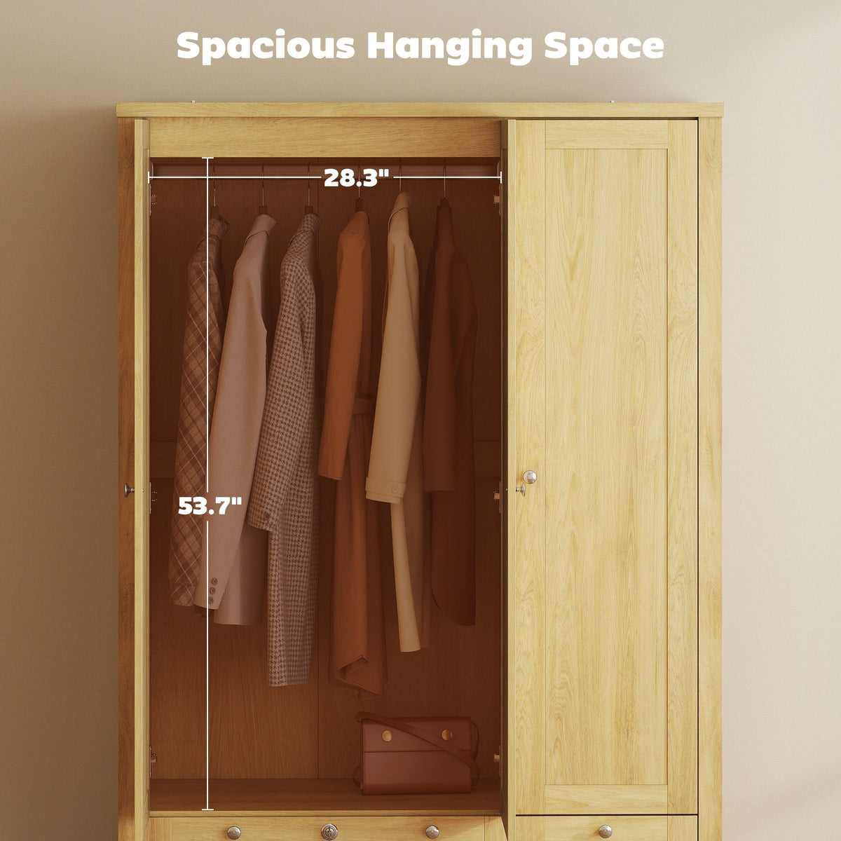 3 Doors Wardrobe Closet with 2 Drawers, Bedroom Armoire with Lockable Drawer, Hanging Rod