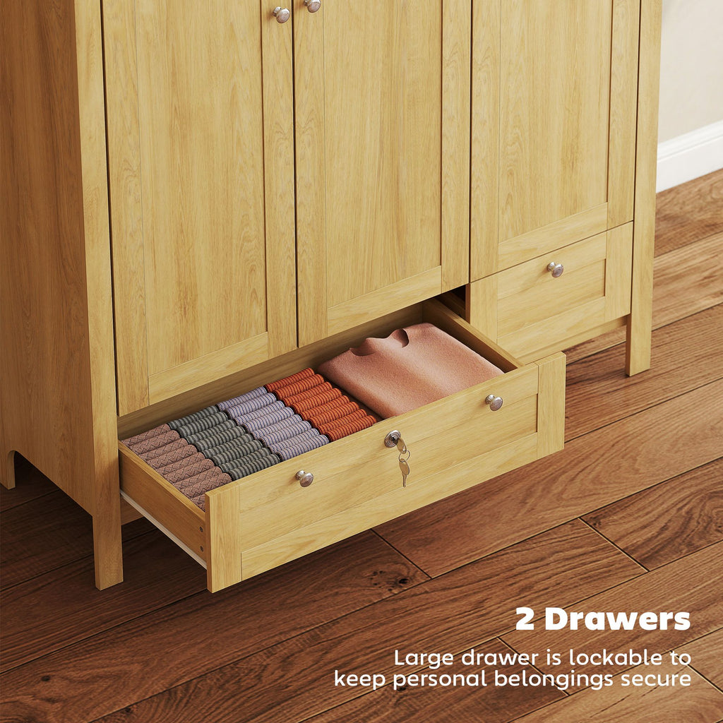3 Doors Wardrobe Closet with 2 Drawers, Bedroom Armoire with Lockable Drawer, Hanging Rod