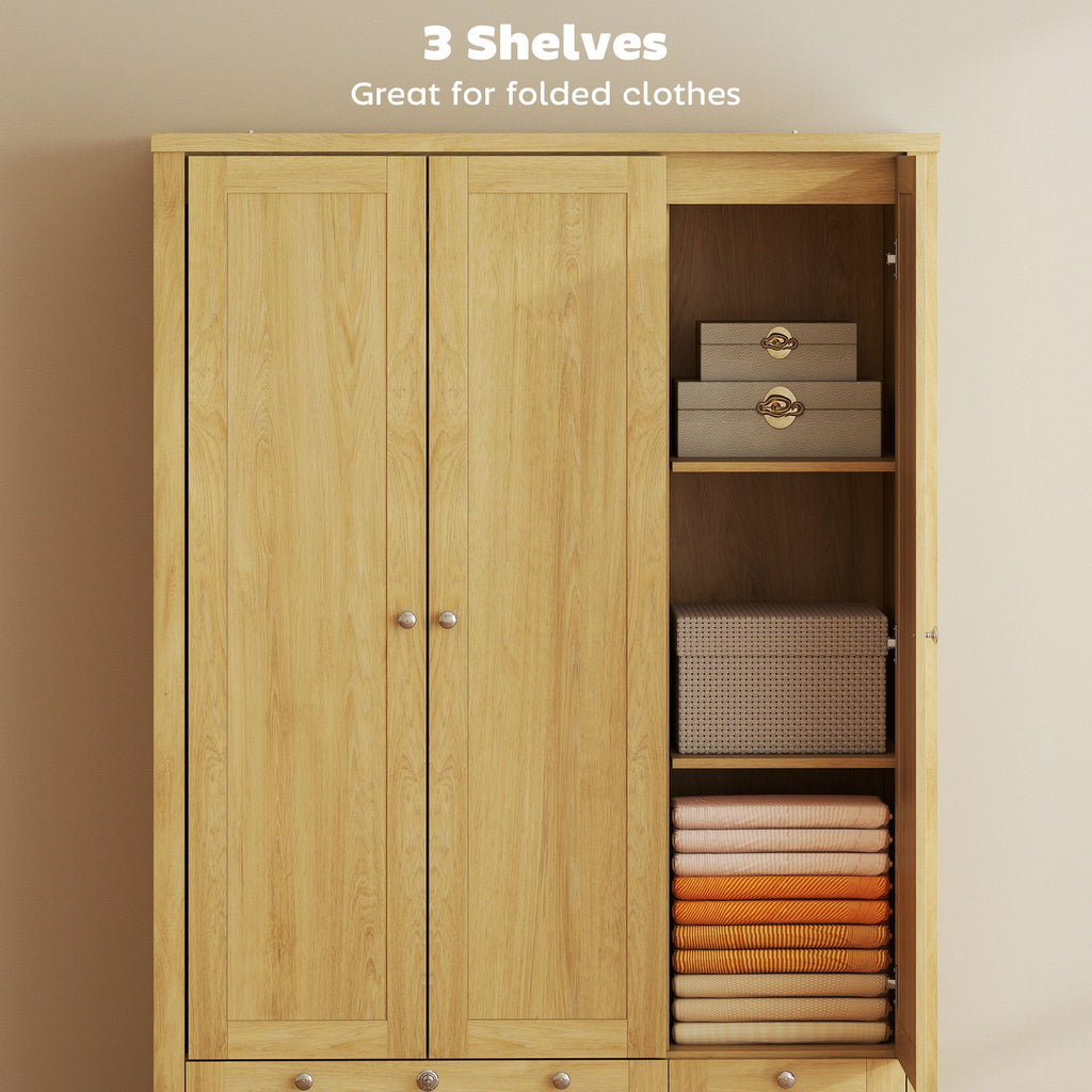 3 Doors Wardrobe Closet with 2 Drawers, Bedroom Armoire with Lockable Drawer, Hanging Rod