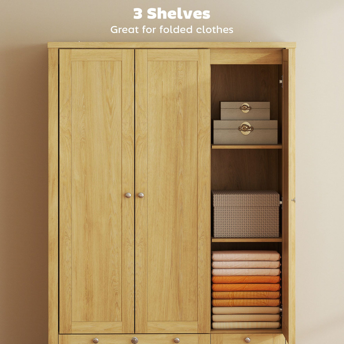 3 Doors Wardrobe Closet with 2 Drawers, Bedroom Armoire with Lockable Drawer, Hanging Rod