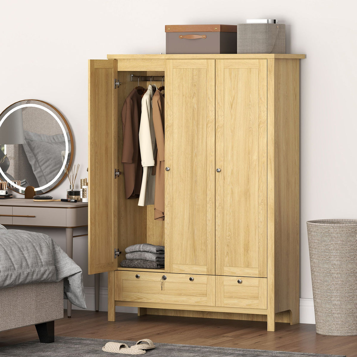 3 Doors Wardrobe Closet with 2 Drawers, Bedroom Armoire with Lockable Drawer, Hanging Rod