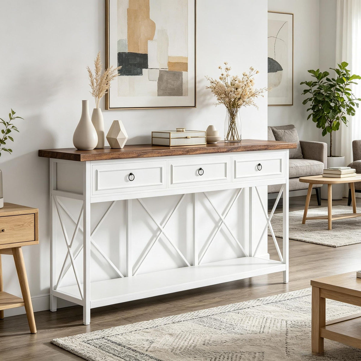 Farmhouse Console Table with Drawers and Open Shelf