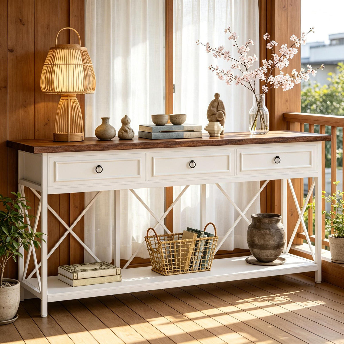 Farmhouse Console Table with Drawers and Open Shelf