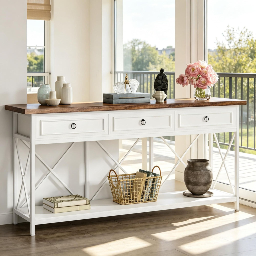Farmhouse Console Table with Drawers and Open Shelf