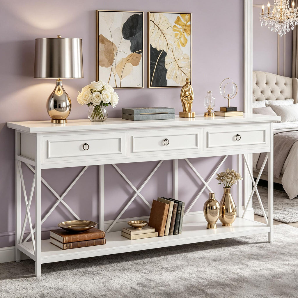Farmhouse Console Table with Drawers and Open Shelf