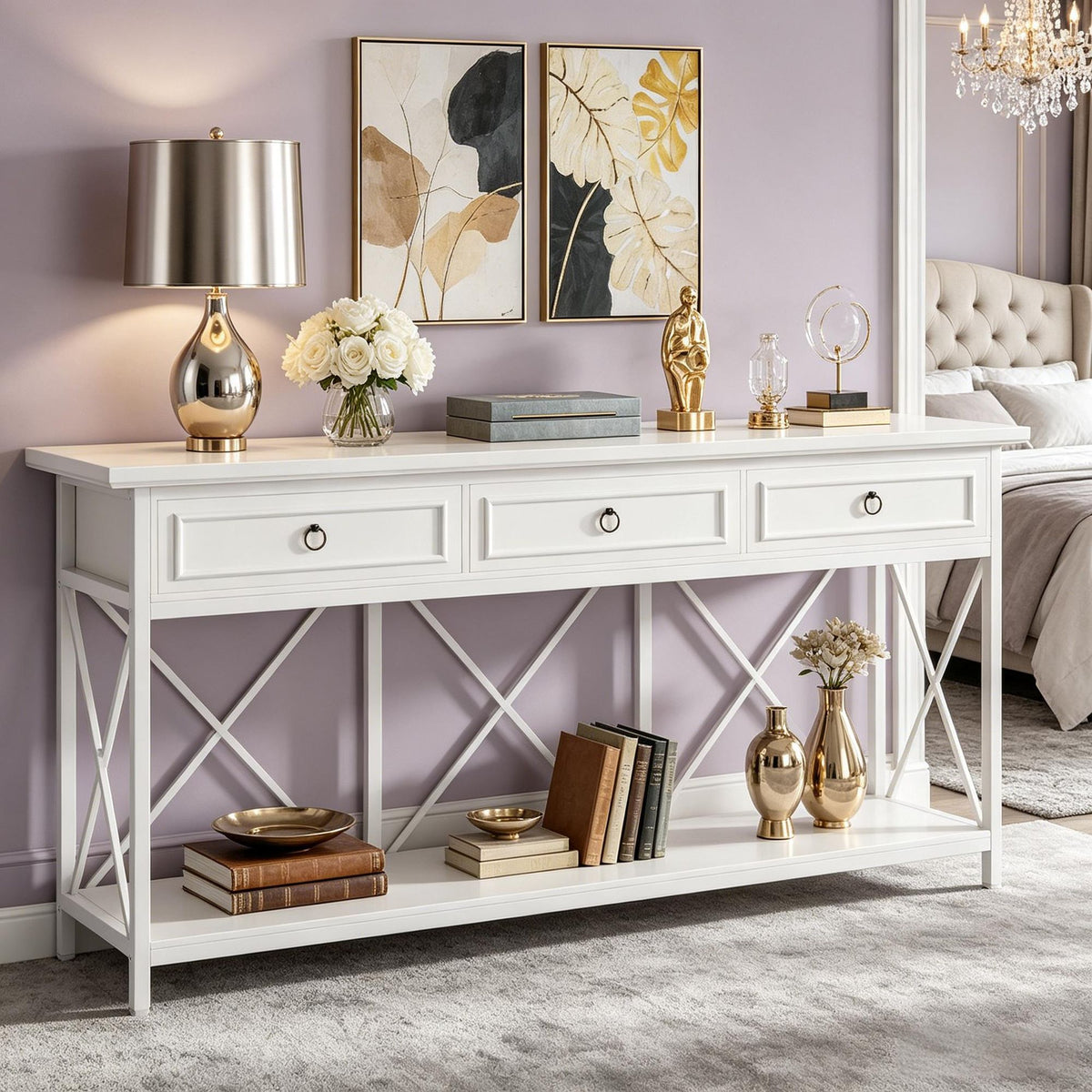 Farmhouse Console Table with Drawers and Open Shelf